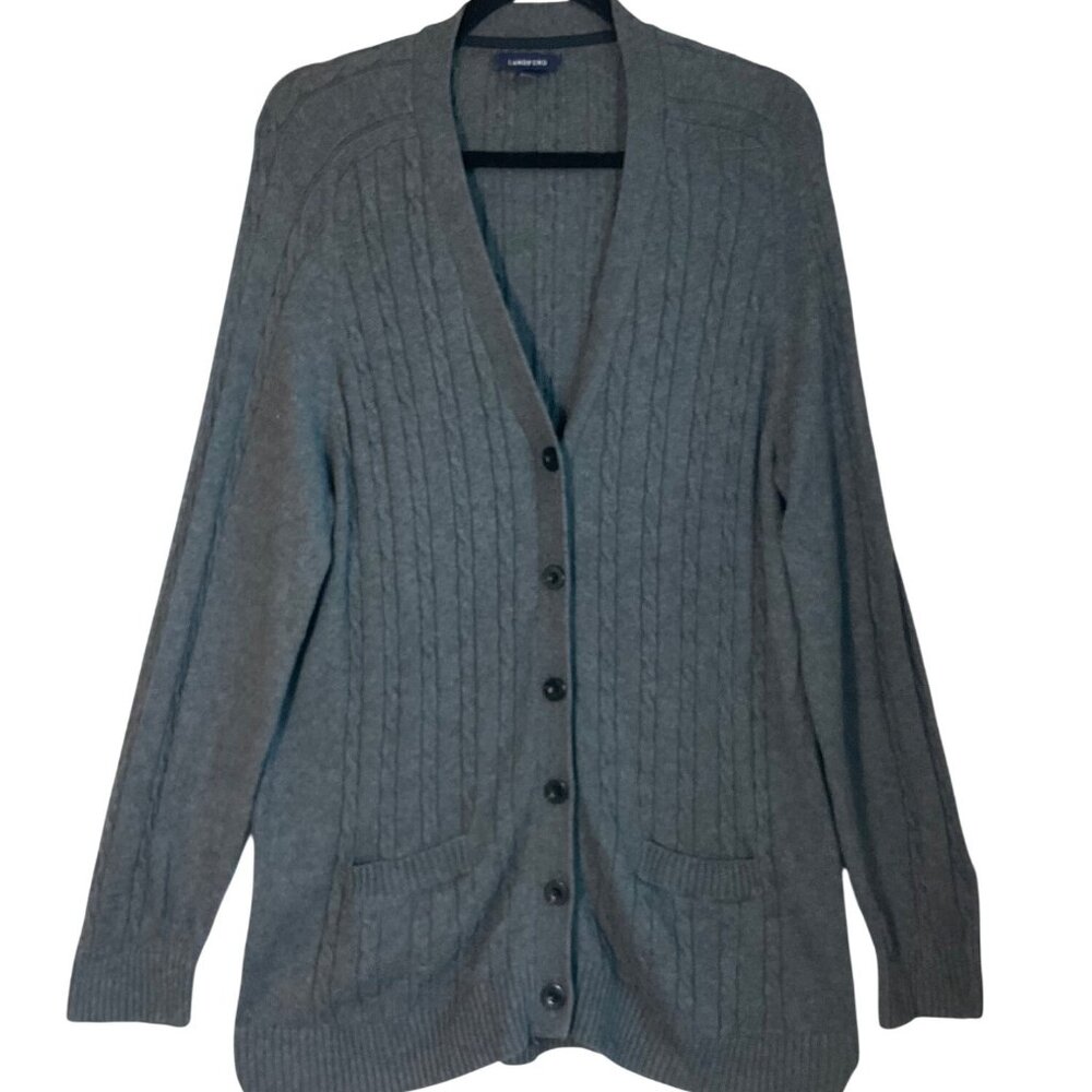 Lands' End XL Gray Cable Knit Cardigan Sweater Wool Bl Minimalist